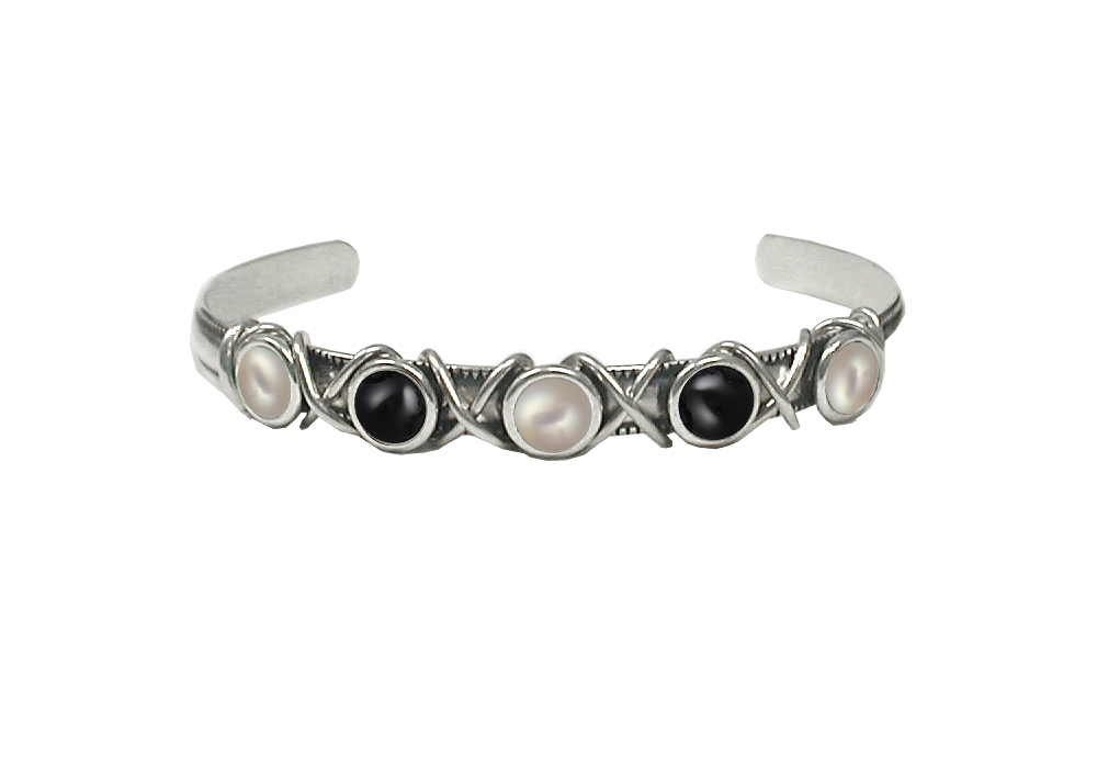 Sterling Silver Cuff Bracelet With Cultured Freshwater Pearl And Black Onyx